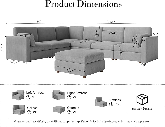 Oversized Modular Sectional Sofa V-Shaped Cloud Couches Gray | Large Deep Seat Couch for Living Room, 7-Seater Luxury Corner Sofa with Ottoman, Solid Wood Frame, Removable Washable Cover