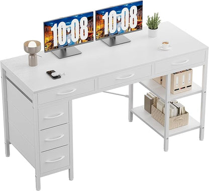Sweetcrispy 55" Computer Desk with 6 Drawers, Home Office Gaming Desks with Storage Shelves for Bedroom, Writing Study Corner Living Room Work Table White