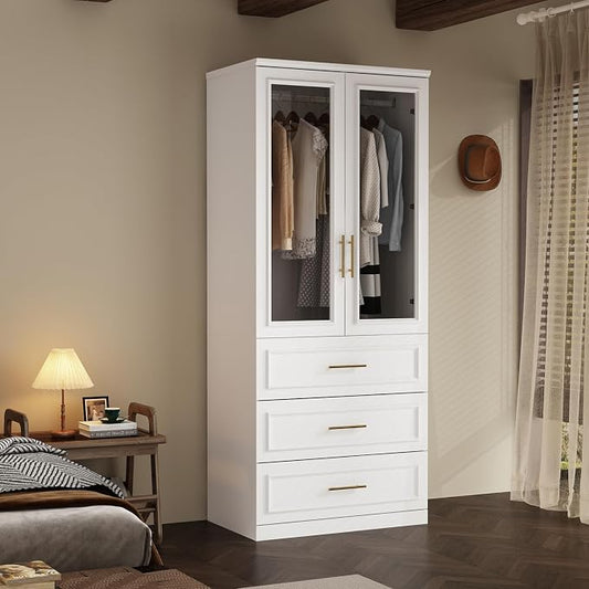 WOODTIME Wardrobe Closet with Hanging Rod, 3 Framed Drawers & 2 Glass Doors, Modern Wooden Armoire, Clothes Storage Cabinet Organizer for Bedroom Apartment, White