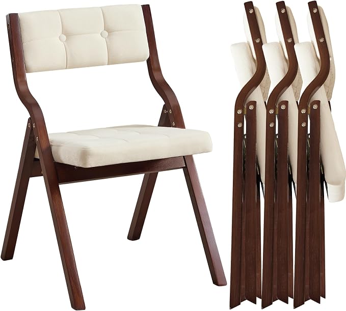 4-Pack Folding Dining Chairs with Cushion,Padded Foldable Dining Chairs,Portable Wooden Folding Chairs with Tufted Buttons Seat for Dining Rooms Kitchen Wedding and Party Indoor Walnut Beige
