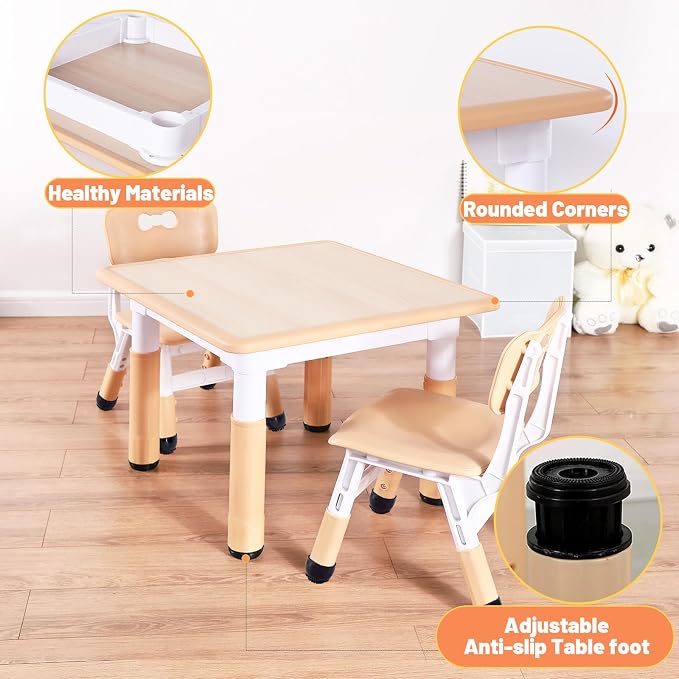 FUNLIO Adjustable Kids Table, 3-Level Height for Ages 3-8, Easy to Wipe Arts & Crafts Toddler Table for Classrooms/Daycares/Homes, CPC & CE Approved, 23.6 x 23.6 Inches, Natural