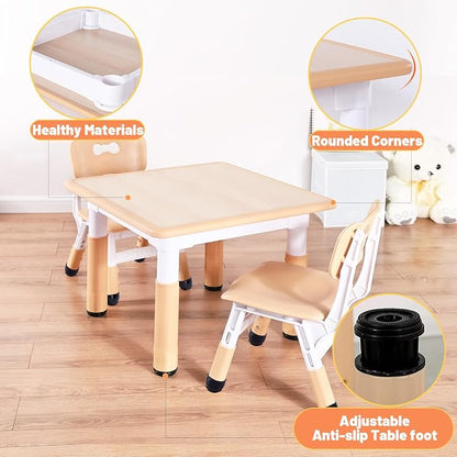 FUNLIO Adjustable Kids Table, 3-Level Height for Ages 3-8, Easy to Wipe Arts & Crafts Toddler Table for Classrooms/Daycares/Homes, CPC & CE Approved, 23.6 x 23.6 Inches, Natural