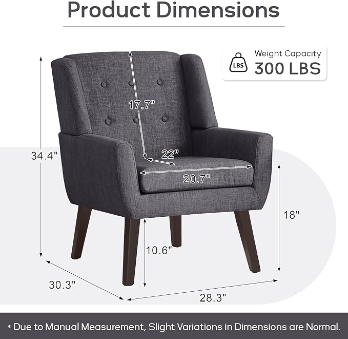 HUIMO Accent Chair Living Room Chair, Upholstered Button Tufted Armchair, Linen Fabric Sofa Chairs for Bedroom, Living Room, Mid Century Modern Comfy Reading Chair (Grey)