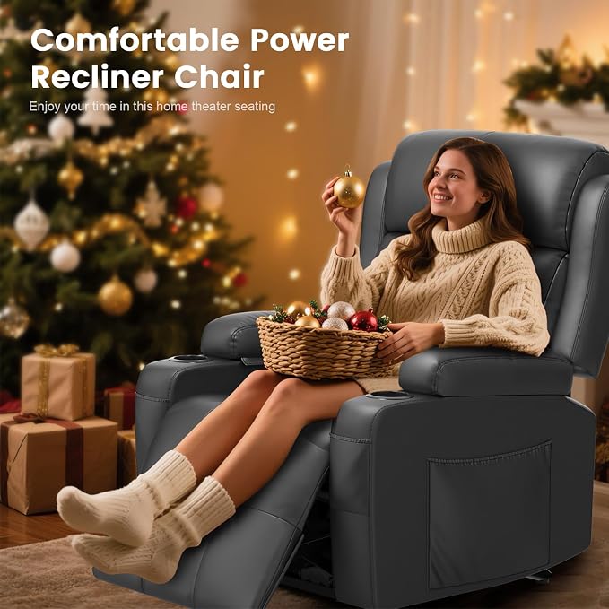 Power Recliner Chair, Home Theater Seating with Heat Massage, Reclining Sofa RV Single Chair, Wall Hugger RV Movie Theater Chairs, RV Furniture Sofas with USB, Cup Holders, Pockets for Gaming Room