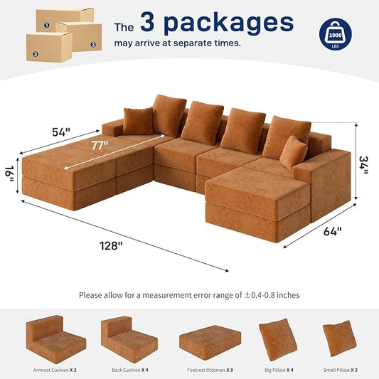 Living&Giving 128" U-Shaped Cloud Sectional Couch for Living Room, Cloud Boneless Couch-No Assembly with Reversible Chaise, Customizable 4-Seat Modular Sectional Sofa with 3 Ottoman, Orange