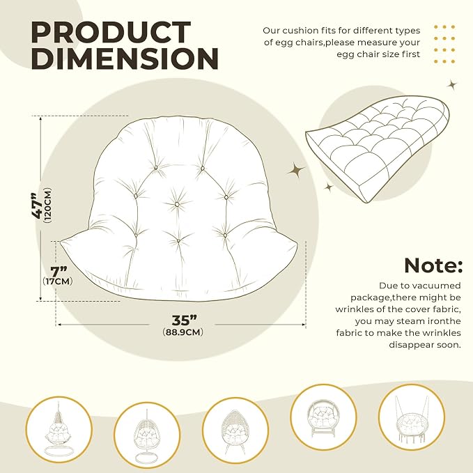 DANGHOOGY Egg Chair Cushion, Waterproof Outdoor Egg Replacement Cushions, Patio Chair Cushions for Outdoor Funiture, Thickened Hanging Chair Cushion, 35x47x7 Inches (Cream)