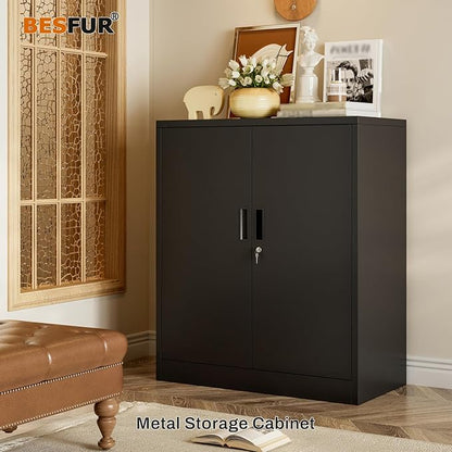 BESFUR Metal Garage Storage Cabinet with 2 Locking Doors and 2 Adjustable Shelves, 36" Black Metal Short Storage Cabinet for Home Office,Garage,School,Utility Room