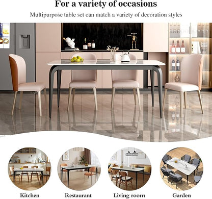 59" White Glossy Rectangular Sintered Stone Dining Table With Metal Legs | Heat, scratch and stain resistant tabletop, Silent Floor Pads, for small spaces like kitchens