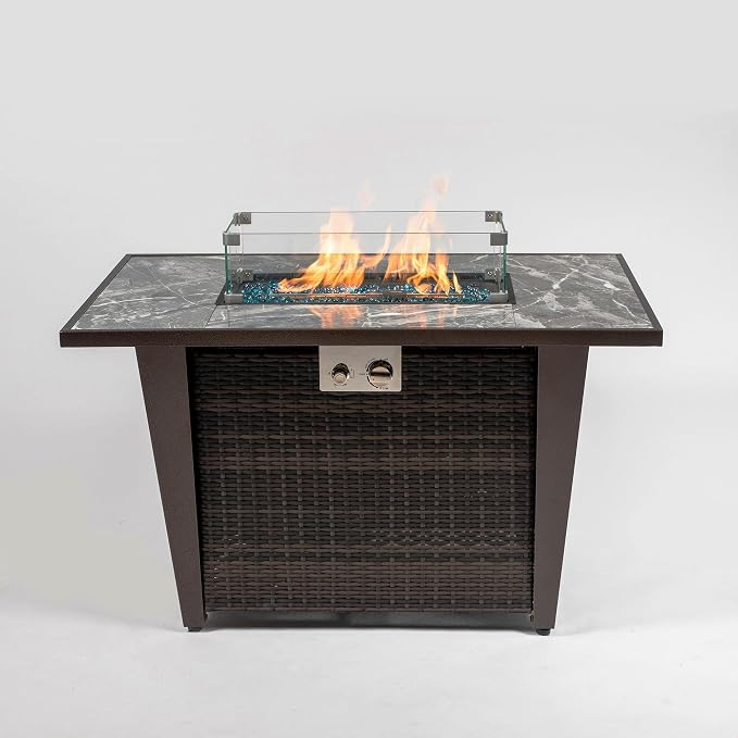 42" Propane Gas Fire Pit Table 50000 BTU Rectangular Outdoor Fire Pit with Ceramic Tile Tabletop Glass Wind Guard, Steel Patio Fire Table & PE Wicker Panel, Lid Rain Cover for Backyard Garden, Gray