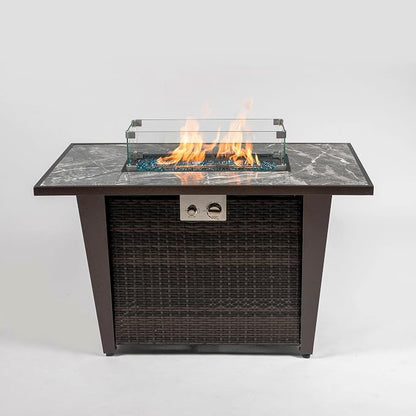 42" Propane Gas Fire Pit Table 50000 BTU Rectangular Outdoor Fire Pit with Ceramic Tile Tabletop Glass Wind Guard, Steel Patio Fire Table & PE Wicker Panel, Lid Rain Cover for Backyard Garden, Gray