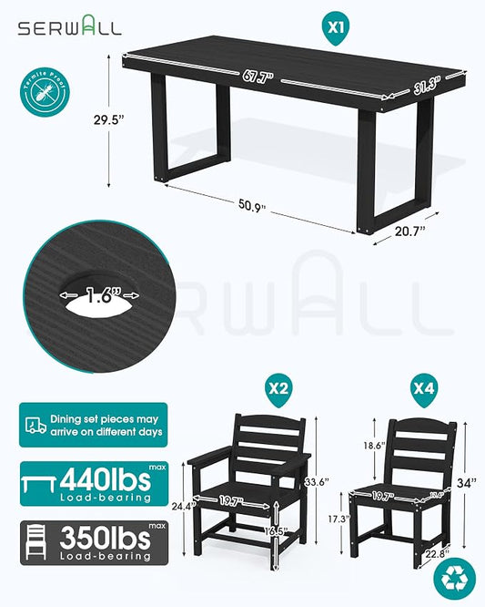 SERWALL HDPE Outdoor Dining Set for 6, 67'' Patio Table and Chairs Set | with Armless Seat