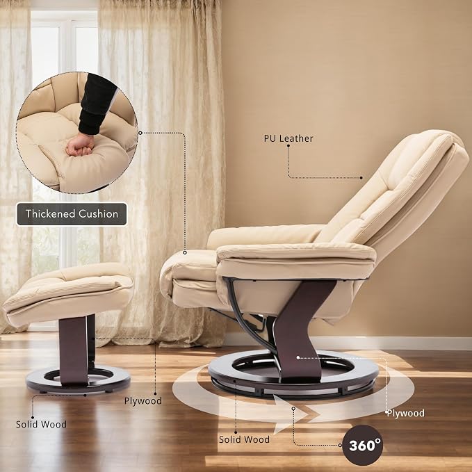 Swivel Recliner Chair with Ottoman Reclining Lounge Sofa Footrest, Set of 2 | 360°Sturdy Wood Base, Soft PU Leather, Upholstered Ultra-Plush Foam, Modern Armchair, Living Room Bedroom Office Reading Home