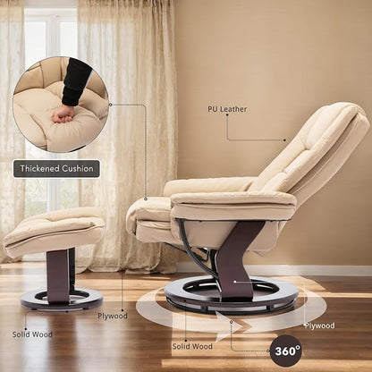 Swivel Recliner Chair with Ottoman Reclining Lounge Sofa Footrest, Set of 2 | 360°Sturdy Wood Base, Soft PU Leather, Upholstered Ultra-Plush Foam, Modern Armchair, Living Room Bedroom Office Reading Home