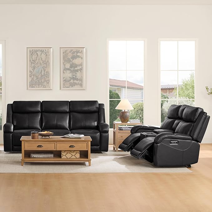 Watson & Whitely Power Reclining Sofa and Loveseat Sets, Genuine Leather Sofa Recliner Couch Set with Power Headrest, Storage Console, USB Ports, Cup Holders, Living Room Furniture Set, Black