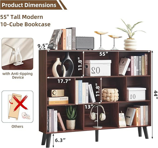 LEYAOYAO 10 Cube Bookshelf, 3 Tier Vintage 55" Wide Bookcase with Legs, Mid-Century Wood Bookshelves Storage, Walnut Large Book Case, Freestanding Organizer Display Shelf for Living Room, Office