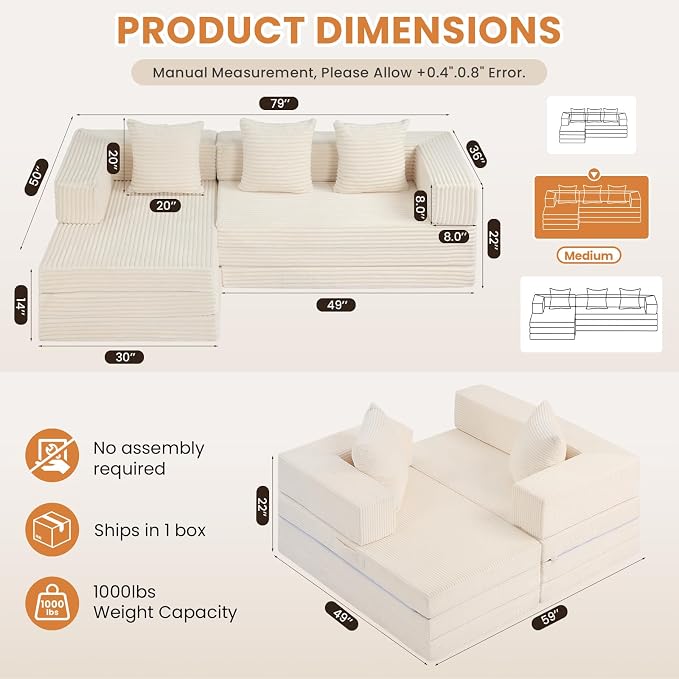 79" Modular Sectional Sofa, Boneless Convertible Sleeper Sofa Bed, Modern Tri-Folding Cloud Couch with L-Shape Chaise, Corduroy Futon for Living Room Small Spaces Apartment, No Assembly, Beige