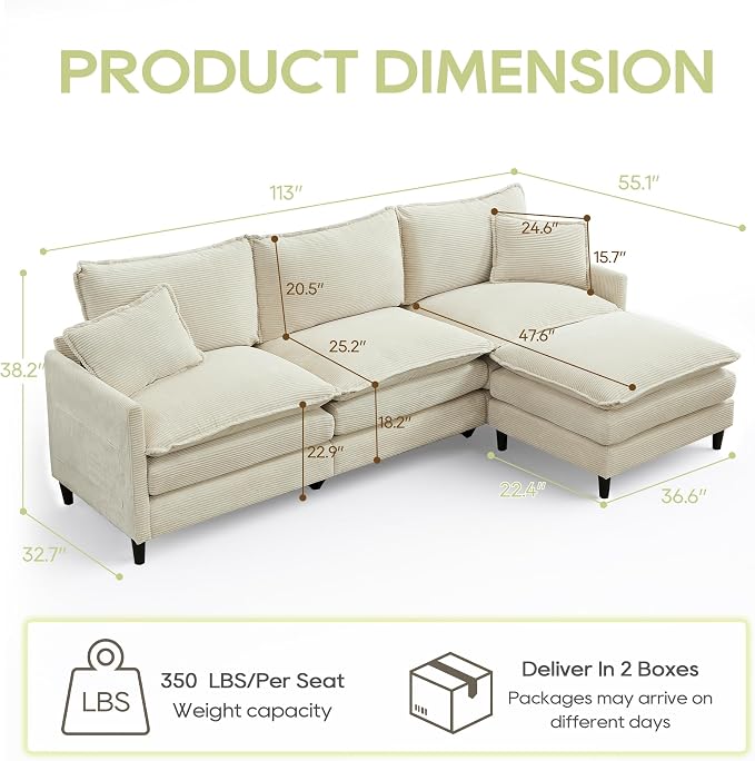 113" Chenille Modular Sectional Sofa, Convertible L Shaped Modular Sofa Comfy Cloud Couch with Ottoman, Side Pockets and 5 Throw Pillows for Living Room (Corduroy White, 113'' - 4 Seat)