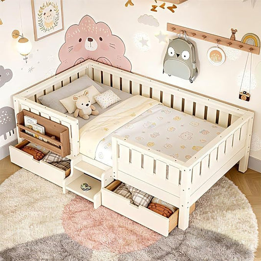 Bellemave Twin Bed with Storage Drawers & Bookshelf, Low Profile Kids Bed Frame with Staircase & Full Length Guardrails, Solid Wood Twin Bed for Kids with Slats Load 300LBS, Easy Assembly, Beige