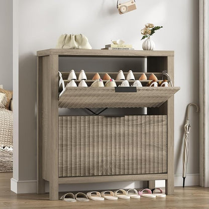 YOMILUVE Shoe Cabinet Storage for Entryway, Fluted Shoe Cabinet with 2 Flip Drawers, Hidden Shoe Rack Tall Freestanding Shoe Organizer with Legs for Hallway, Gray