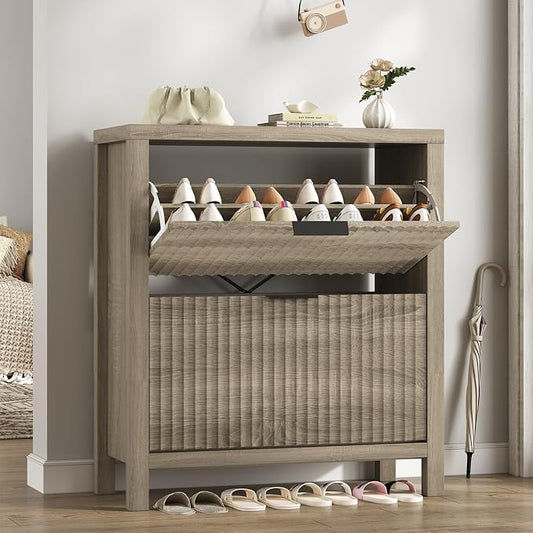 YOMILUVE Shoe Cabinet Storage for Entryway, Fluted Shoe Cabinet with 2 Flip Drawers, Hidden Shoe Rack Tall Freestanding Shoe Organizer with Legs for Hallway, Gray