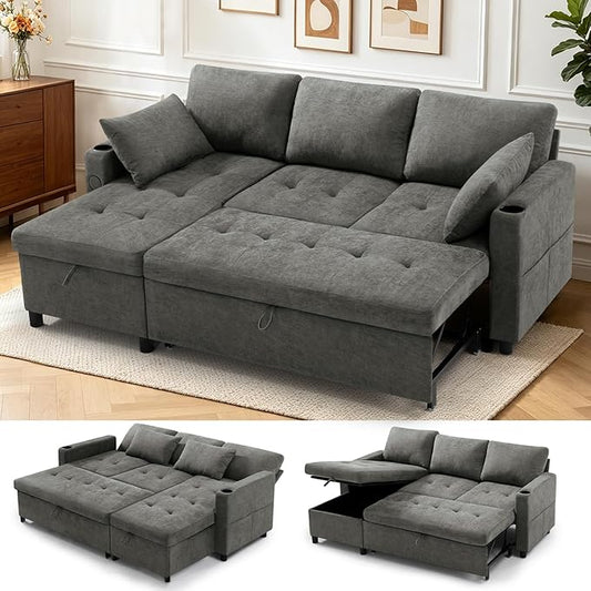 84" L-Shape Reversible Sectional Sofa Bed w/USB Port, Light Grey | Upholstery Sleeper Couch w/Adjustable Backrests & Storage Chaise, Chenille Modern Sofa w/Pull-Out Bed for Living Room