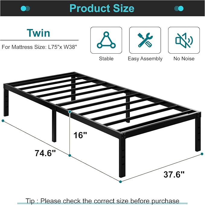 Maenizi Twin Bed Frames No Box Spring Needed, 16 Inch Heavy Duty Metal Bed Frame Twin Support Up to 2500 lbs, Easy Assembly, Noise Free, Black