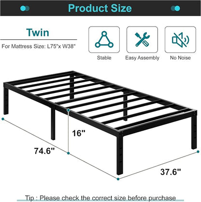 Maenizi Twin Bed Frames No Box Spring Needed, 16 Inch Heavy Duty Metal Bed Frame Twin Support Up to 2500 lbs, Easy Assembly, Noise Free, Black