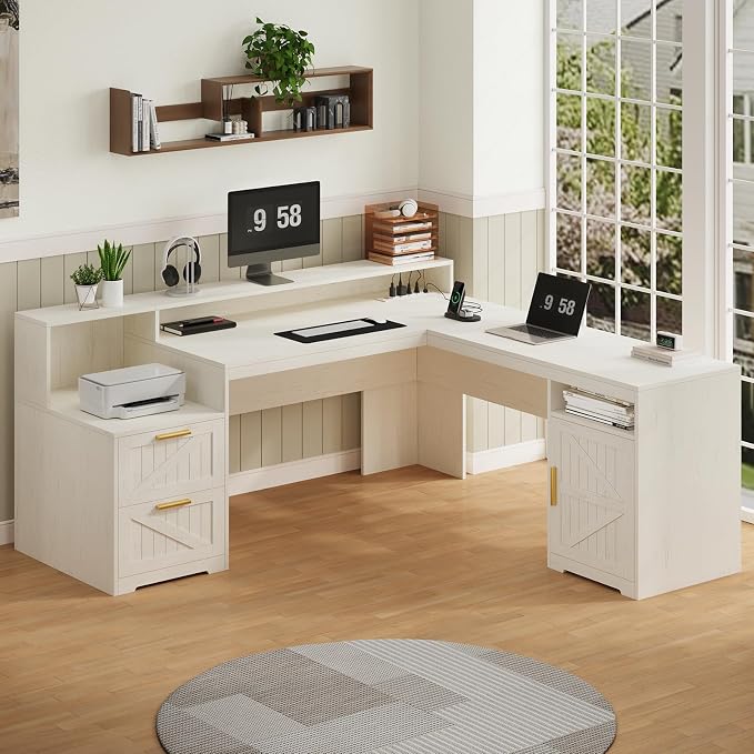 YOMILUVE 63" Farmhouse L Shaped Executive Desk with Drawers & Storage Shelf, Corner Computer Desk with Power Outlets, L Shaped Office Desk with Monitor Stand, Printer Shelf, White