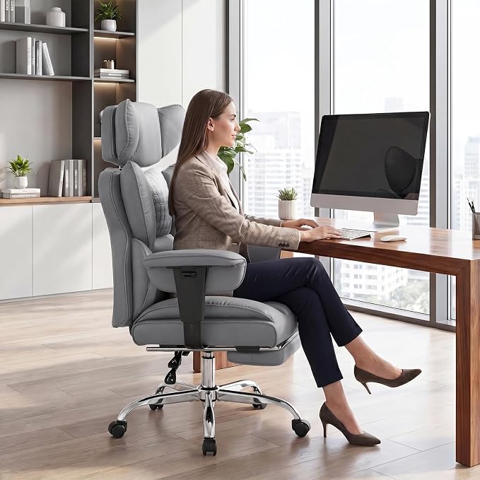 DUMOS Big and Tall Home Office Desk Chair, Ergonomic Executive Chair with Footrest, Computer Gaming Chairs with High Back Reclining, Adjustable Armrests and Comfy Lumbar Support, PU Leather, Grey
