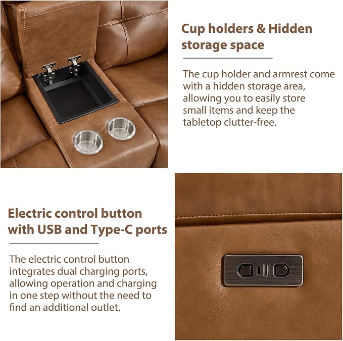 CANMOV Genuine Leather Power Recliner Sofa Set, Two Power Recliner Chair and Loveseat Set, 3 Pieces Leather Couch with Storage Console, USB Ports, Cup Holders for Living Room,Brown