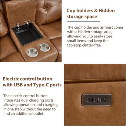 CANMOV Genuine Leather Power Recliner Sofa Set, Two Power Recliner Chair and Loveseat Set, 3 Pieces Leather Couch with Storage Console, USB Ports, Cup Holders for Living Room,Brown