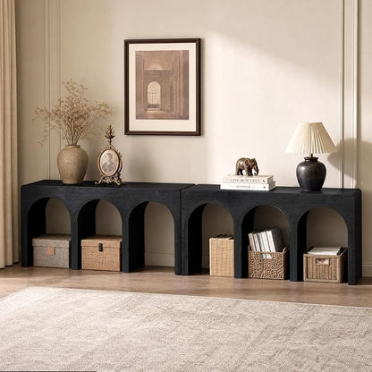 67" Long Arched Console Table Set of 2, 15.5" Deep Modern Designer Entryway Table, Sculptural Triple Arch Sofa Table for Living Room, Behind Couch, Multi-Scene Accent Furniture, Black Wood Finish