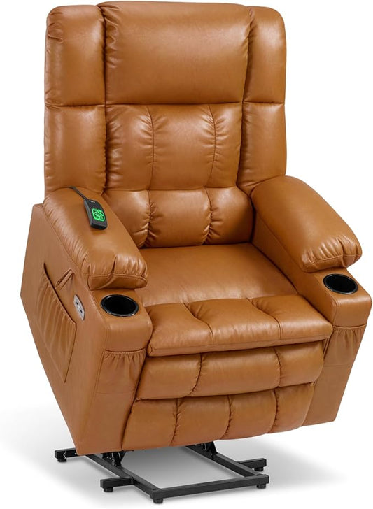 MCombo Dual Motor Power Lift Recliner Chair for Elderly, Lay Flat Lift Chair with Heat and Massage, Cup Holders, USB Ports, Faux Leather 7890 (Tawny, Medium)