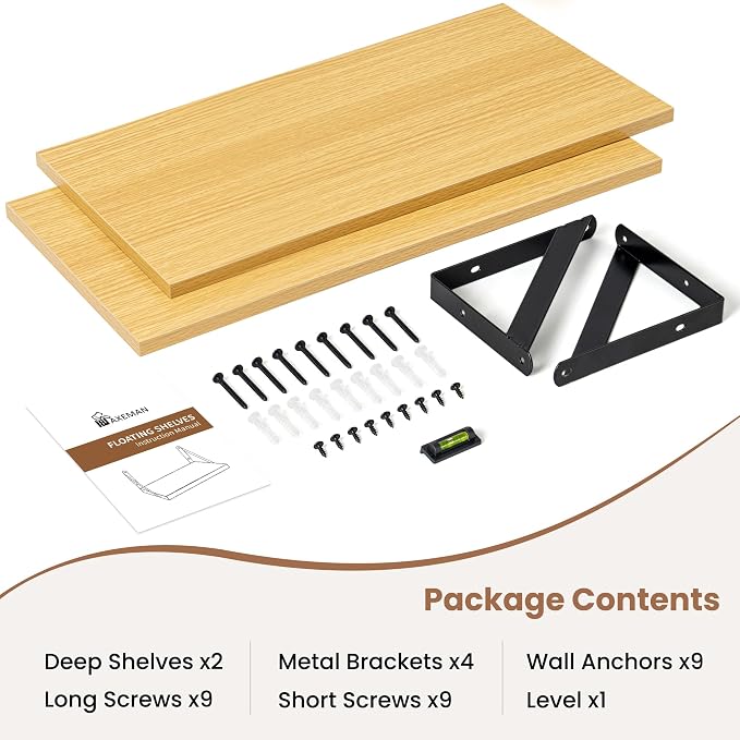 Axeman Oak Floating Shelves for Wall Set of 2, 16'' x 8'' Oak Bookshelf for Living Room Bedroom, Engineered Wood, Holds up to 30 Lbs, Installation Hardware Included