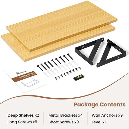 Axeman Oak Floating Shelves for Wall Set of 2, 16'' x 8'' Oak Bookshelf for Living Room Bedroom, Engineered Wood, Holds up to 30 Lbs, Installation Hardware Included
