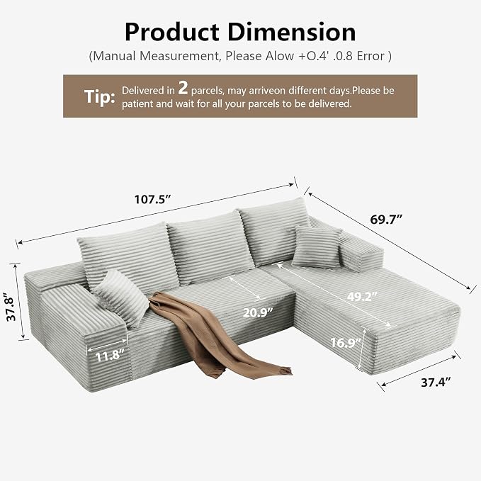 107.5" Cloud Sectional Couch with L-Shape Chaise, Modern Cloud Couch with Deep Seat, Modular Sectional Couches for Living Room, Apartment, Office, No Assembly Required