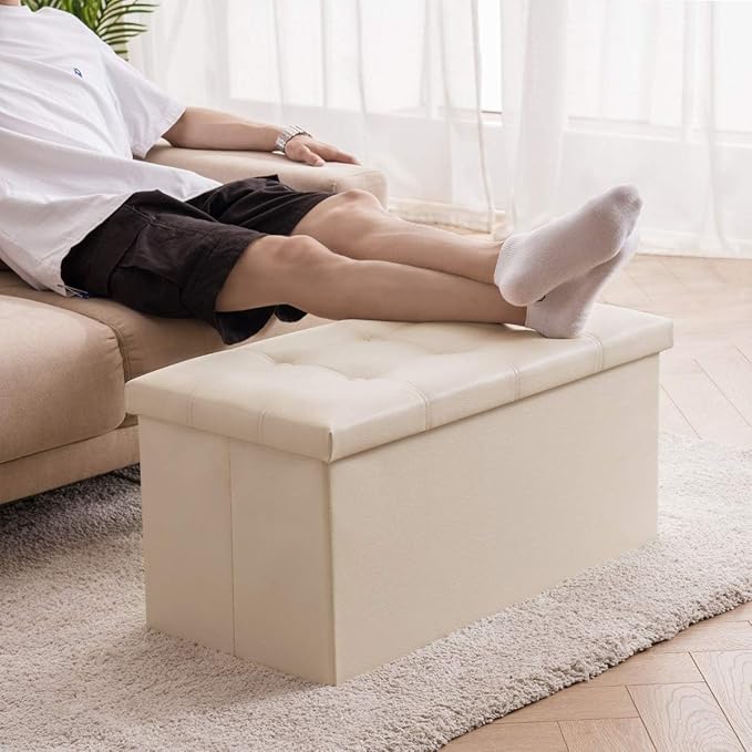 YOUDENOVA Folding Storage Ottoman, Faux Leather Ottoman Bench Footrest Ottoman, Storage Chest Padded Seat for Bedroom and Living Room, Beige,15" D x 30" W x 15" H