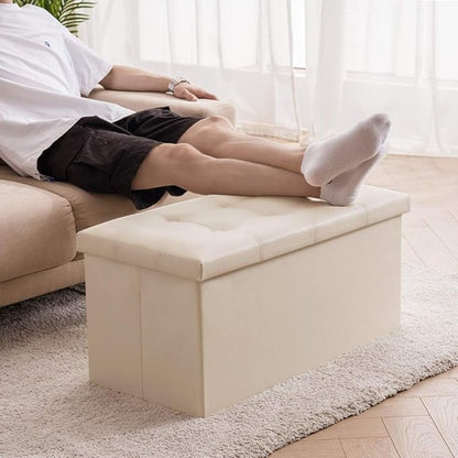 YOUDENOVA Folding Storage Ottoman, Faux Leather Ottoman Bench Footrest Ottoman, Storage Chest Padded Seat for Bedroom and Living Room, Beige,15" D x 30" W x 15" H