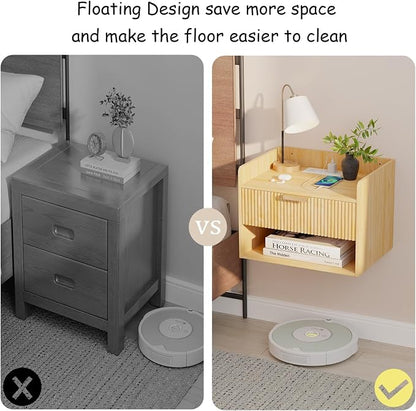 Arbuxzuy Floating Nightstand Set of 2 with Charging Station, Modern Wall Mounted Bedside Table with Drawer & Open Shelf, Made of Minimalist Wood for Bedroom (Light Brown)