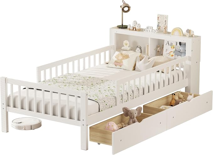 Kids Twin Size Bed Frame with Storage Drawers and Bookcase,Wood Twin Bed Frames for Kids,Twin Bed Frame with Headboard and Footboard for Boys Girls,No Box Spring Needed,White