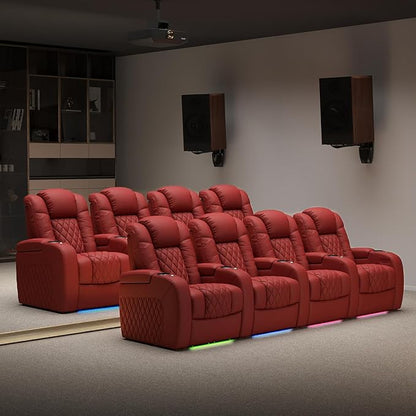 Weilianda Home Theater Seating Top Grain Leather Zero Gravity Recliner Chair Power Headrest Recline Movie Seat Gaming 7 Colors Mood Light Sofa with Tray Table USB Charge Row of 1 Red