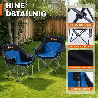 EMERIT 2 Pack Oversized Padded Camping Chairs, Heavy Duty 450 LBS Capacity Outdoor Folding Quad Chair with Cup Holder, Portable for Camping, Tailgating, Sports, Backyard & Patio, Black