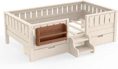 Bellemave Twin Bed with Storage Drawers & Bookshelf, Low Profile Kids Bed Frame with Staircase & Full Length Guardrails, Solid Wood Twin Bed for Kids with Slats Load 300LBS, Easy Assembly, Beige