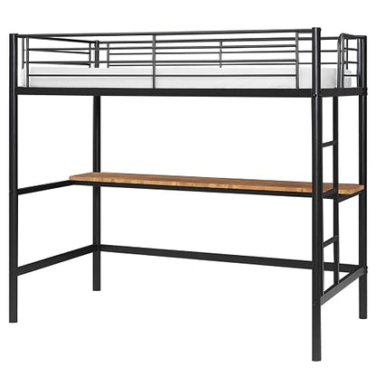 VECELO Metal Loft Bed Twin Size with Desk, Heavy Duty Bedframe with Removable Ladder and Safety Guardrail, Space-Saving, Noise Free, No Box Spring Needed, Matte Black