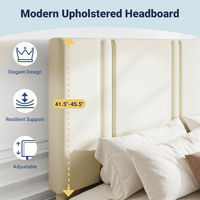 Allewie Full Size Platform Bed Frame with Adjustable Headboard, Plush Velvet Upholstered, Vertical Channel Tufted, Sturdy Wooden Slats, No Box Spring Needed, Easy Assembly, Cream