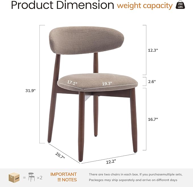 COLAMY Mid-Century Modern Wooden Dining Chair Set of 6, Indoor Upholstered Kitchen Chairs with 2.6" Cozy Padded Seat, Walnut Finish Side Dining Chair, [Camel]