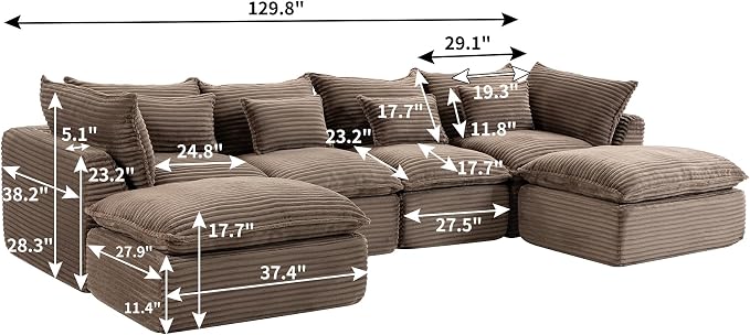 Boneless Couch Sectional Sofas Cloud Couches for Living Room | 130'' Modern Modular Cloud Sofa with Pillows and Ottoman for Bedroom