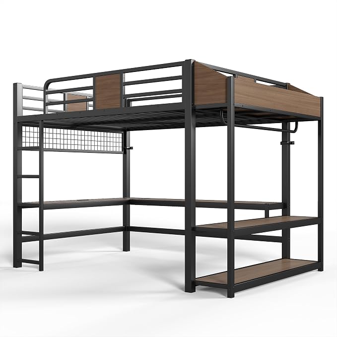Bellemave Queen Size Loft Bed with Desk and USB Ports, Clothes Hanging Rod, LED, Metal Full Loft Bed Frame for Adults, Kids, Teens, Black