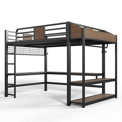 Bellemave Queen Size Loft Bed with Desk and USB Ports, Clothes Hanging Rod, LED, Metal Full Loft Bed Frame for Adults, Kids, Teens, Black