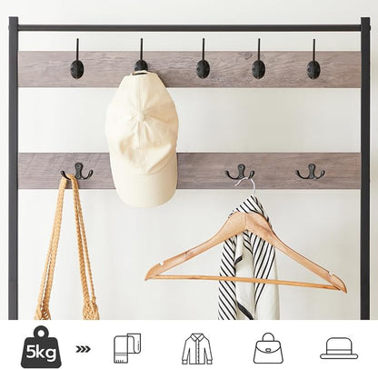 HOOBRO Hall Tree, Coat Rack with Shoe Rack, Hall Tree with Bench, 5 Tier Shoe Storage Organizer with 9 Hooks for Entryway, Closet, Sturdy, Industrial, Greige and Black BG80MT01G2
